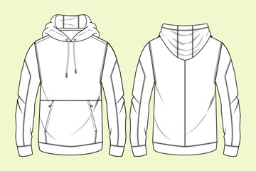 Mens long sleeve hoodie jacket flat sketch vector illustration. jogging, running, gym sports activities front and back cut and sew hoodie design template