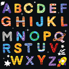 galaxy alphabet space font vector set for school colorful letters set
