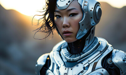 Futuristic Female Warrior with Striking Silver Armor, Exuding Strength and Confidence, Set Against a Geometric Patterned Background