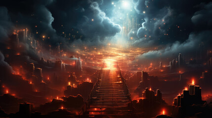 Mysterious dark stairs to heavens, surrounded by clouds, hope and aspiration - obrazy, fototapety, plakaty