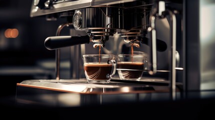 Fototapeta na wymiar Espresso pouring into a glass, rich crema, coffee machine in action