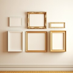 Verschiedene, leere Bilderrahmen h&auml;ngen an einer Wand