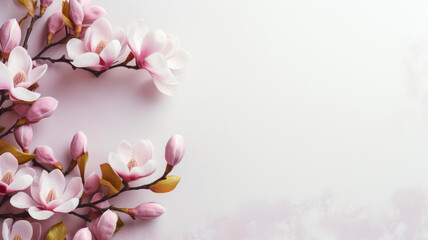 magnolia flowers branches on the background for copy space top view floral arrangement