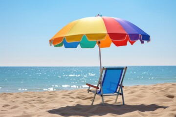 A folding chair was set up on the sandy beach, providing a comfortable spot for relaxation under the shade of a colorful umbrella,
