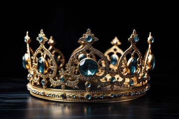 A golden crown with gems is on a dark background. Horizontal banner with a copy space for text