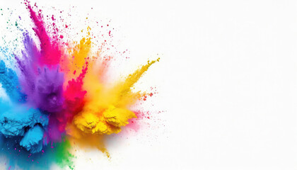 Explosion of colorful powder, rainbow color on white background, wide panorama.
