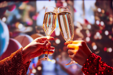 Two hands holding glasses with sparkle wine, champagne at formal event, made toasts and cheers are...