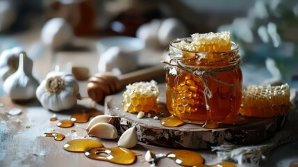 Honey in a glass jar on a wooden background, selective focus