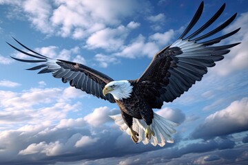Obraz premium A majestic bald eagle, soaring between the blue sky and white clouds, beauty light, knitted style,