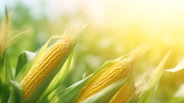 frame of fresh corn isolated on blurred abstract sunny background banner, nature scene
