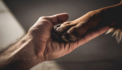Dog's paw in human's hand - obrazy, fototapety, plakaty