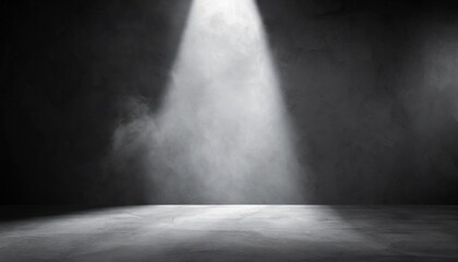 Spotlight illuminates a smoky, empty dark room, creating a dramatic and moody atmosphere. - obrazy, fototapety, plakaty