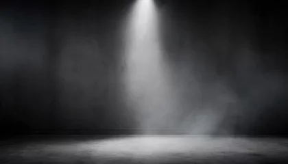 Fotobehang Spotlight illuminates a smoky, empty dark room, creating a dramatic and moody atmosphere. © Red Lemon
