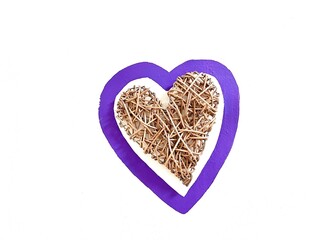 Wicker heart made of wood inside a drawn purple heart, isolated on a white background. Idea for decorating a wall in a house. Handmade for home interior designers. Top view.