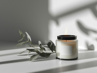 Organic white aroma candle jar glass mockup with blank label for branding, minimal design packaging