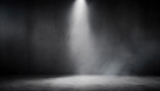 Spotlight illuminates a smoky, empty dark room, creating a dramatic and moody atmosphere.