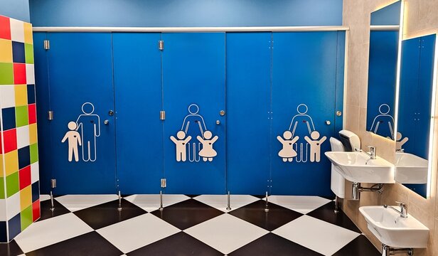 Shared family bright restroom in airport, mall. Unisex WC for mom, dad,little girl boy,child kid. Use together. Recreation room, toilet for adults, daughter,son. Separate cabins for parents,children