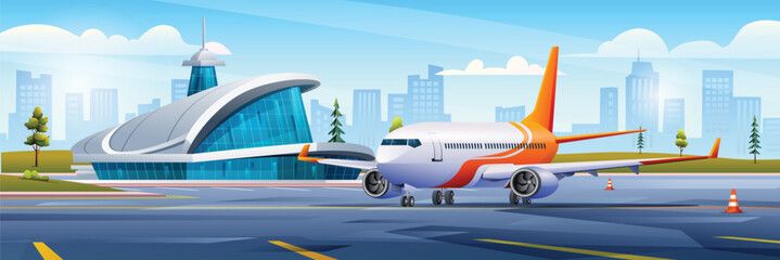 International airport building with airplane and city landscape background vector cartoon illustration