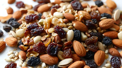 A mix of nuts and dried fruits on a white background, a close-up - obrazy, fototapety, plakaty