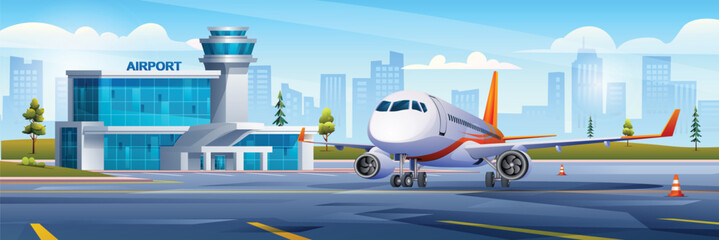 International airport building with airplane on cityscape background. Vector cartoon illustration - obrazy, fototapety, plakaty