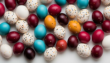 colorful eggs for easter isolated on white background. decorated eggs in celebration of easter. colorful eggs flat lay. colourfully decorated eggs top view. eggs