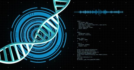 Animation of dna strand spinning with data processing over black background - Powered by Adobe