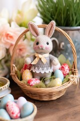 Crafted felt bunny in basket with Easter eggs and flowers