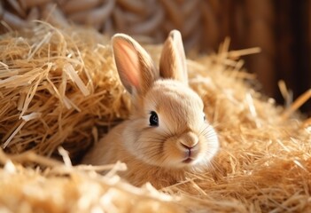Close up of Easter bunny in soft natural straw