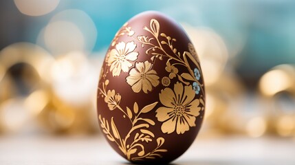 Intricate gold leaf pattern on chocolate Easter egg