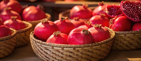 Fototapeta na wymiar Pomegranate fruits in Madaba marketplace, Jordan, on straw plates.