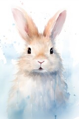 Watercolor portrait of a gentle rabbit with blue backdrop