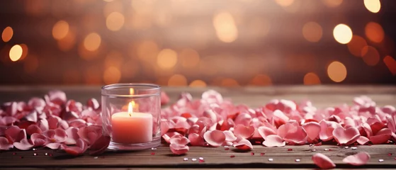 Selbstklebende Fototapeten Candle and rose petals on wooden table with bokeh background. © Synthetica