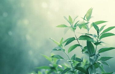 Serenity in Nature: Lush green plant with vibrant leaves against a hazy sky backdrop