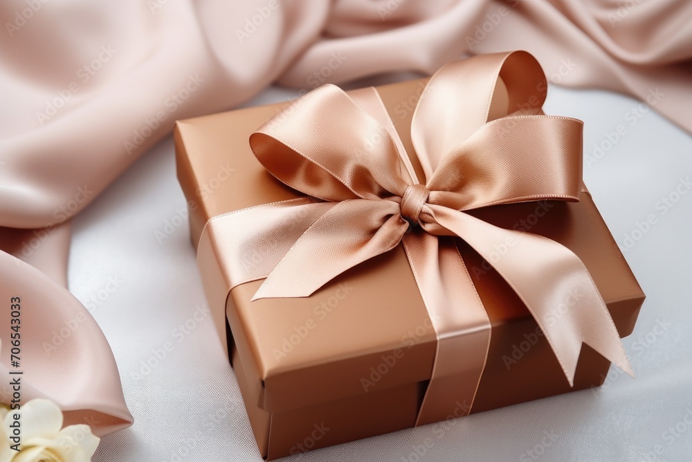 Poster an elegant gift box adorned with a ribbon and bow. the box is meticulously wrapped in a high-quality