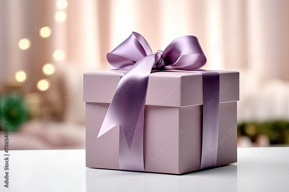Poster an elegant gift box adorned with a ribbon and bow. the box is meticulously wrapped in a high-quality