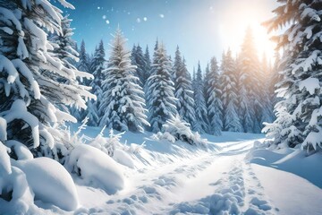 Fototapeta na wymiar Snowfall in winter forest.Beautiful landscape with snow covered fir trees and snowdrifts.Merry Christmas and happy New Year greeting background with copy-space.Winter fairytale. 