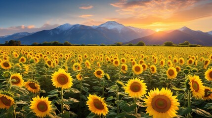 Sunflower Field Against Mountain Backdrop - AI Generated