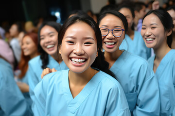 Team of happy healthcare workers. Confident smiling asian female nurses in scrubs standing together