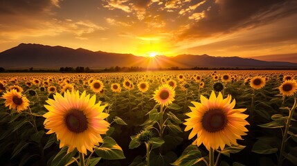 Obraz premium Sunflower Field Against Mountain Backdrop - AI Generated