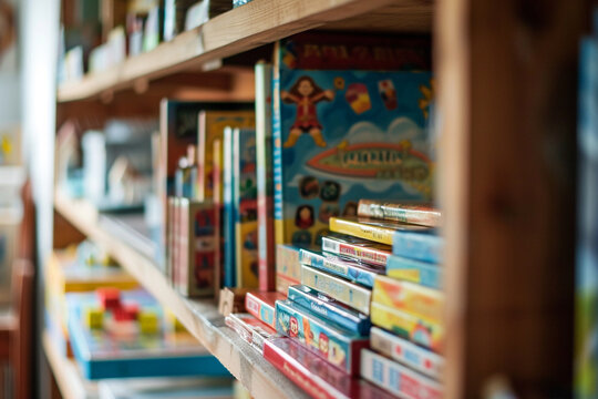A shelf holding a variety of board games and card games for children