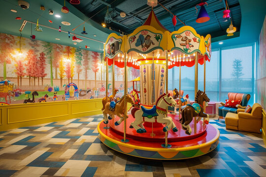 A small indoor merry-go-round with animal seats in a brightly colored playroom