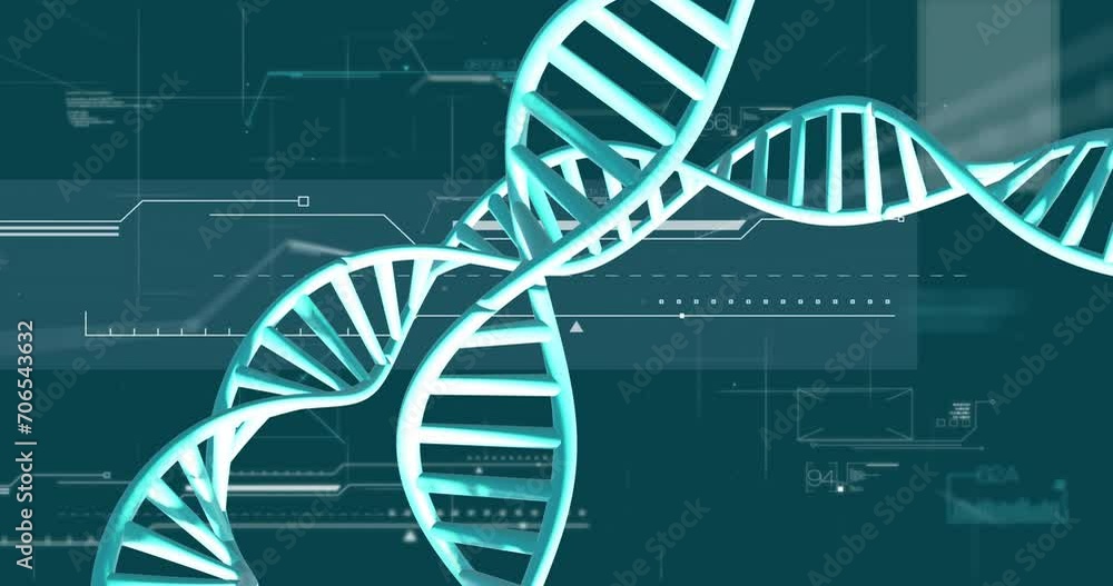 Poster Animation of dna strands spinning with data processing over green background