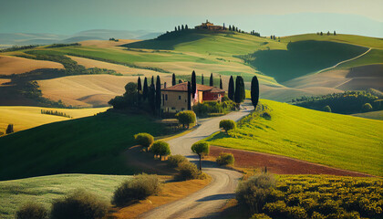 Tuscany countryside rolling hills, summer farmland and road, Ai generated image - obrazy, fototapety, plakaty