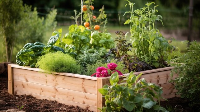 Capture a product photo of a wooden raised garden bed filled with vibrant and lush plants. The wood should have a natural finish, showcasing its grain and texture. 