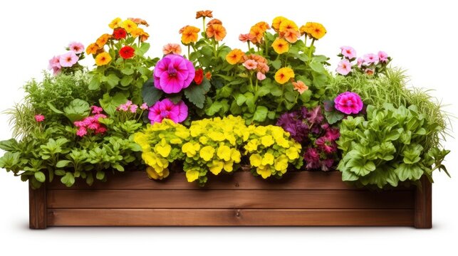 Capture a product photo of a wooden raised garden bed filled with vibrant and lush plants. The wood should have a natural finish, showcasing its grain and texture.
