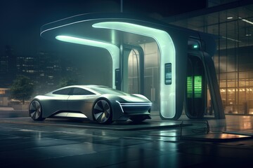 Photo of a futuristic electric vehicle charging station. Generative AI
