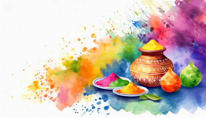 Illustration of Hindu Holi, watercolor art style, copyspace on a side