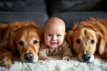 Lovely baby lying between golden retriever dogs, at home