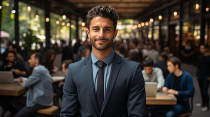 Portrait d'un jeune cadre, consultant ou exécutif souriant devant une foule de travailleurs et managers de son entreprise - Powered by Adobe