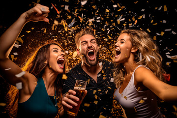 Junge Frauen mit einem Mann feiern im Nachtclub. Konfetti fliegen in die Luft. - obrazy, fototapety, plakaty